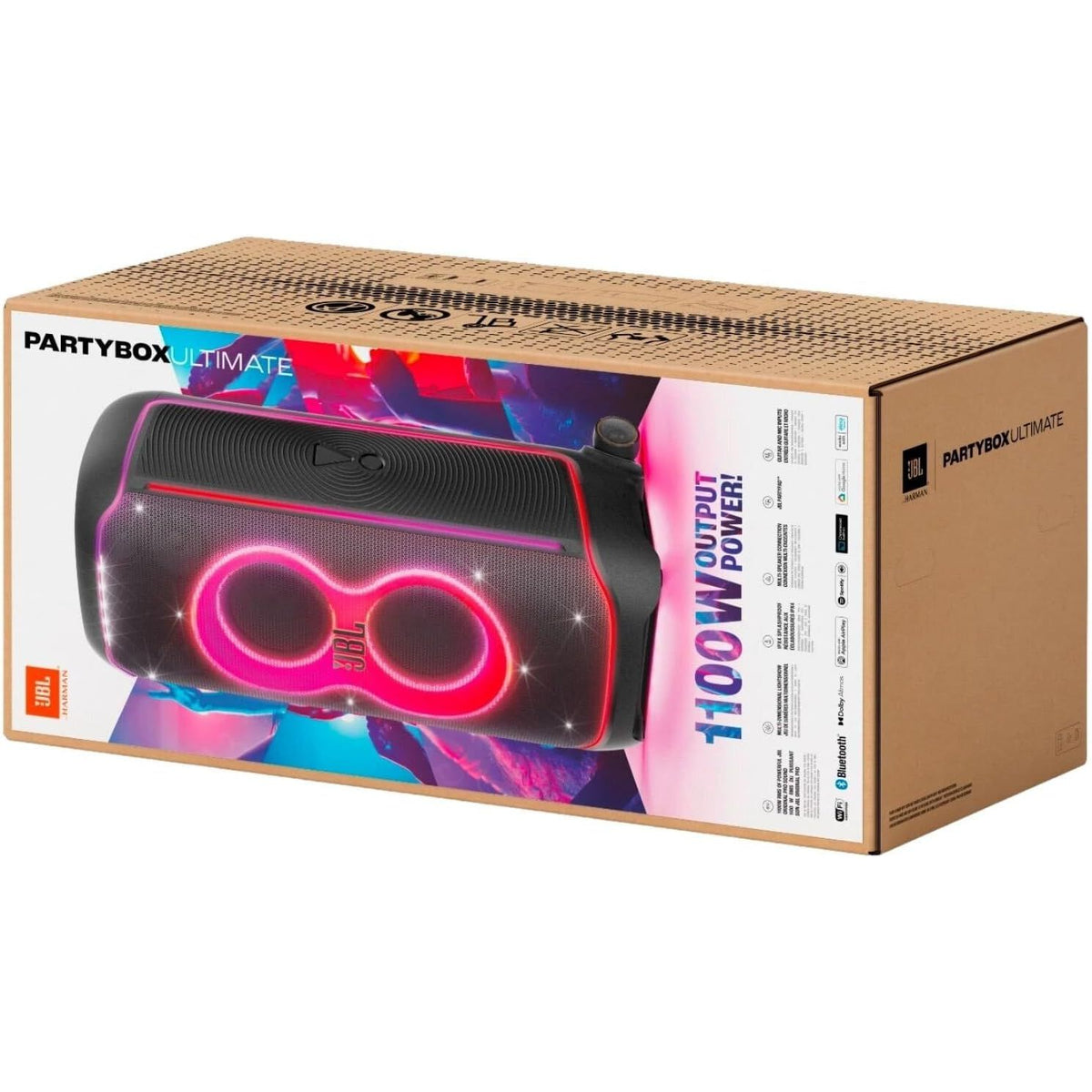 JBL Partybox Ultimate - Multi Purpose Party Speaker, with Wi-fi & Bluetooth Connectivity, Wireless, Lightshow, IPx4 Slashproof, Dual Mic & Guitar Inputs, Handle & Sturdy Wheels, Black
